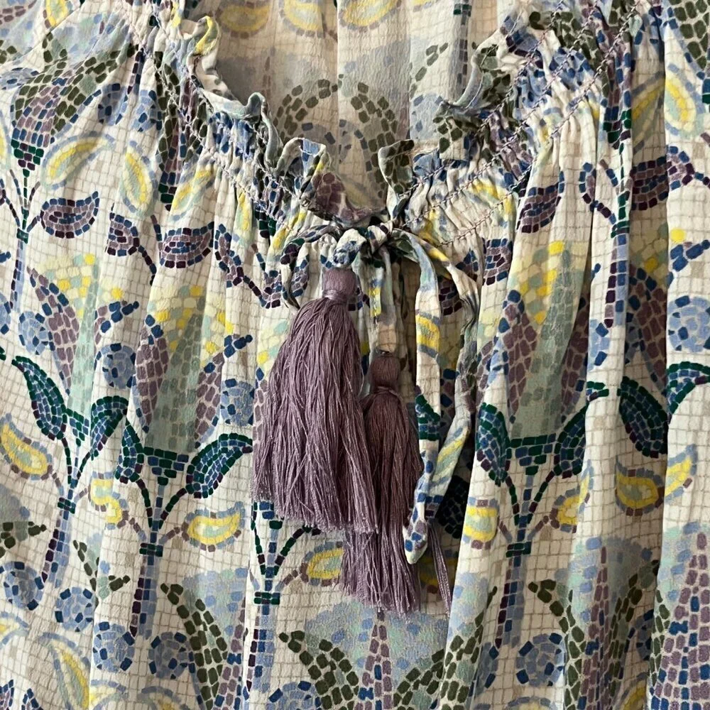 Tory Burch silk romper XS mosaic Provence Pompeii tassels